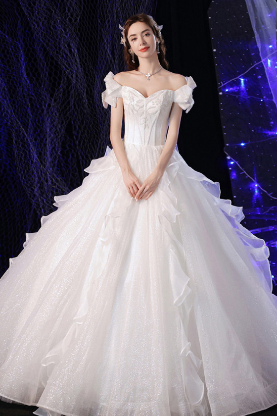 Princess Ballgown Off Shoulder Ivory White Wedding Prom Dress with Ruffles