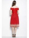 Red Off The Shoulder Embroidery Short Dress - CK2070