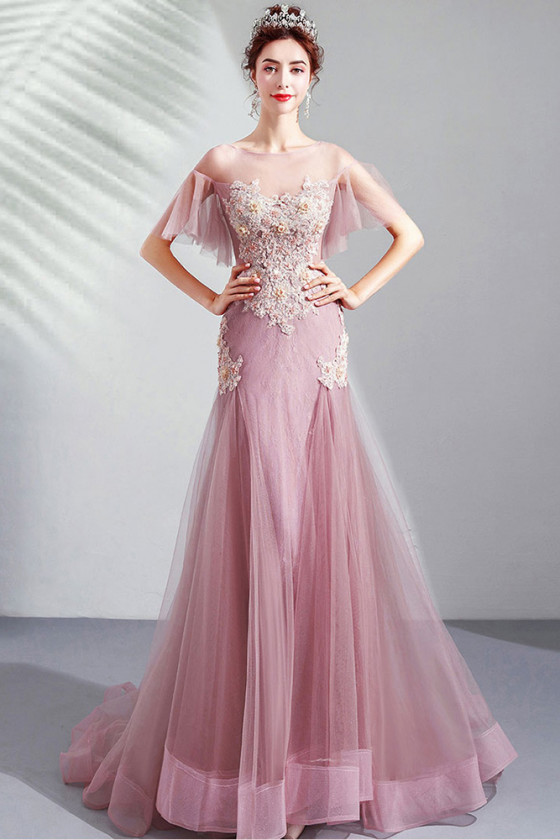 Hot Pink Fit And Flare Tulle Prom Dress with Beaded Flowers