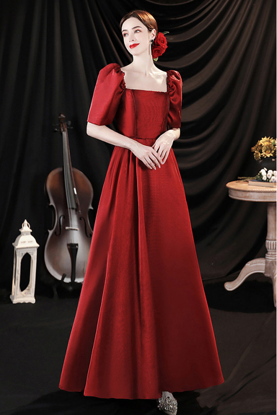 Retro Square Neckline Burgundy Long Formal Evening Dress with 1/2 Bubble Sleeves