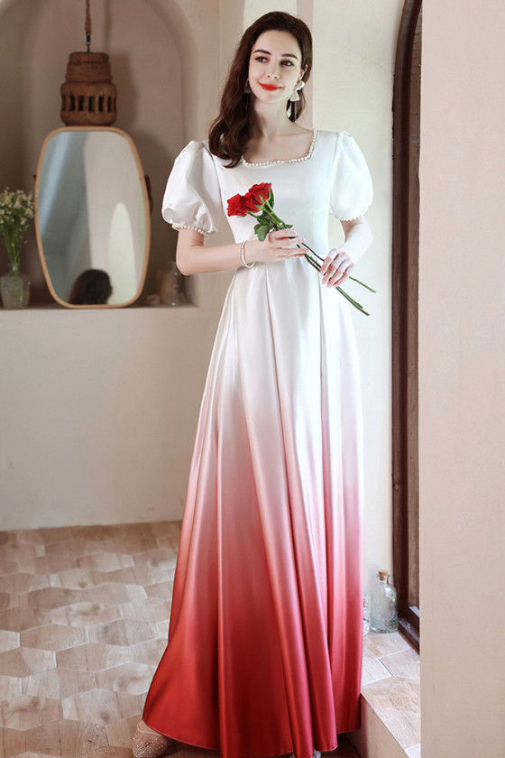 Elegant Ombre White Red Long Formal Satin Occasion Dress with Bubble Sleeves