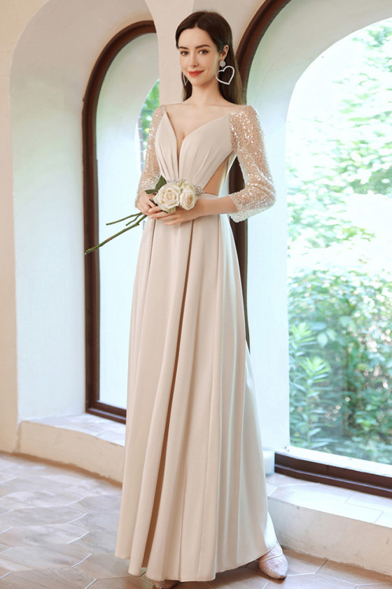 apricot prom dresses V-Neck Backless Tulle Apricot Prom Dress RJ10789