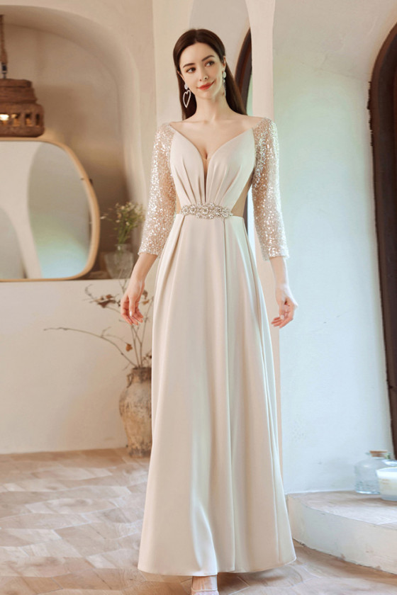 Sexy Vneck Slim Long Apricot Prom Dress with Sequin 3/4 Sleeves