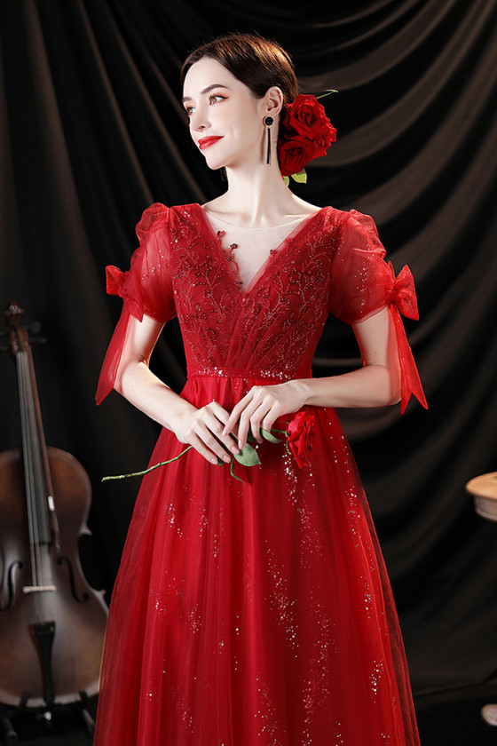 Bling Sequin Tulle Vneck Aline Red Prom Dress with Short Sleeves - $133 ...