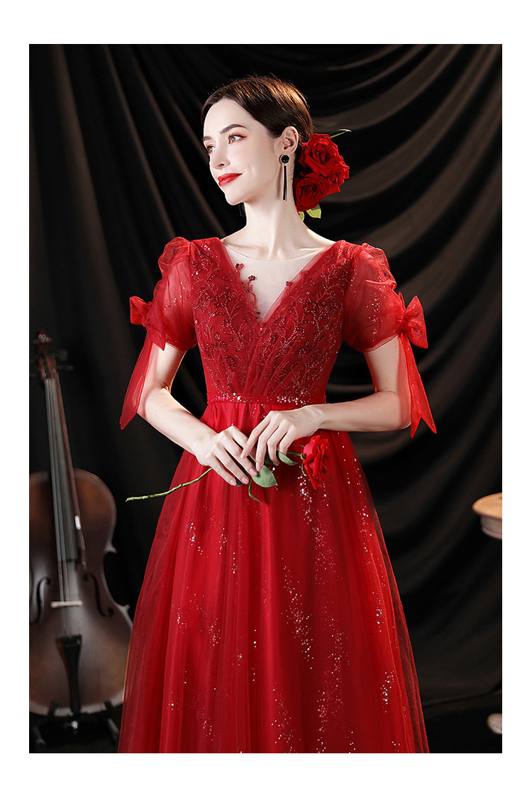 Bling Sequin Tulle Vneck Aline Red Prom Dress with Short Sleeves - $133 ...