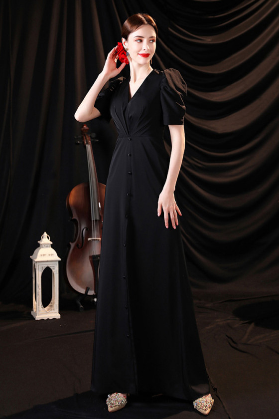 Simple Split Front Slender Black Long Formal Dress with Vneck Sleeves
