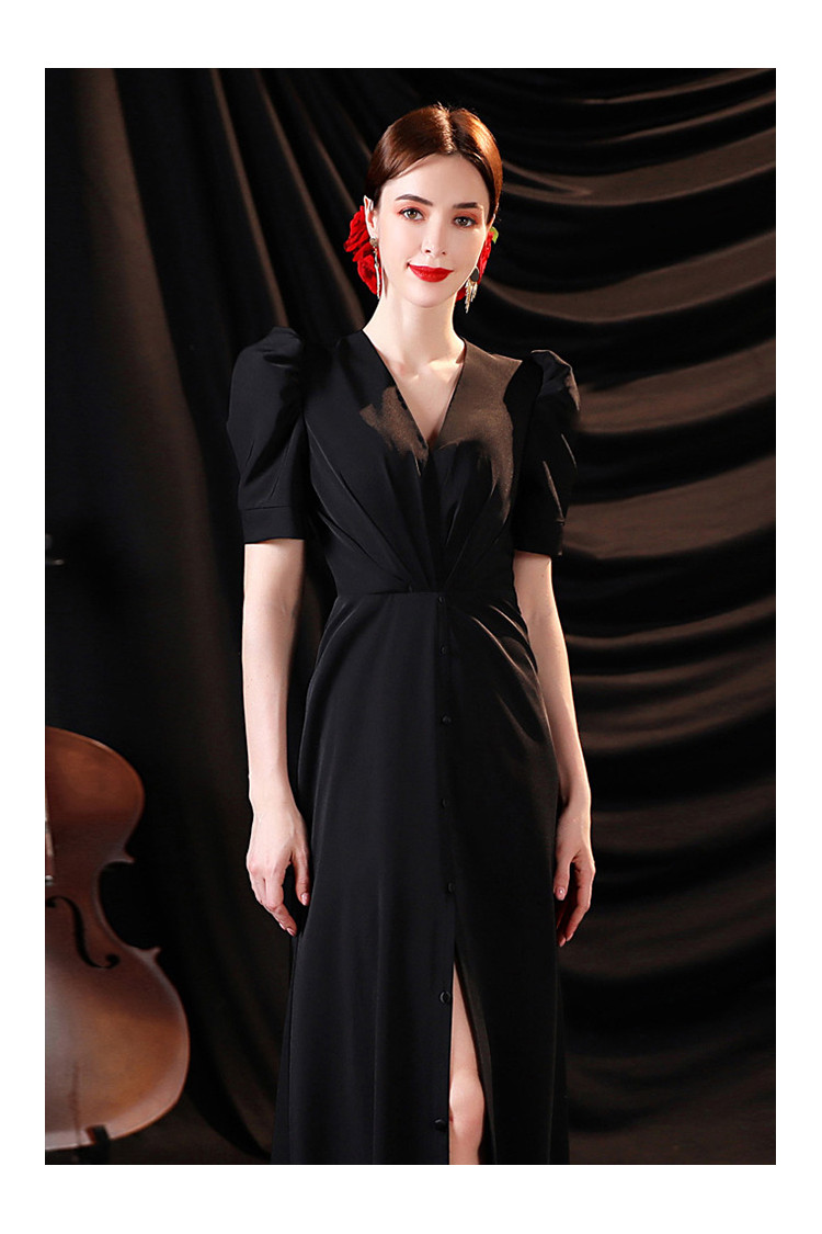 Simple Split Front Slender Black Long Formal Dress with Vneck Sleeves ...