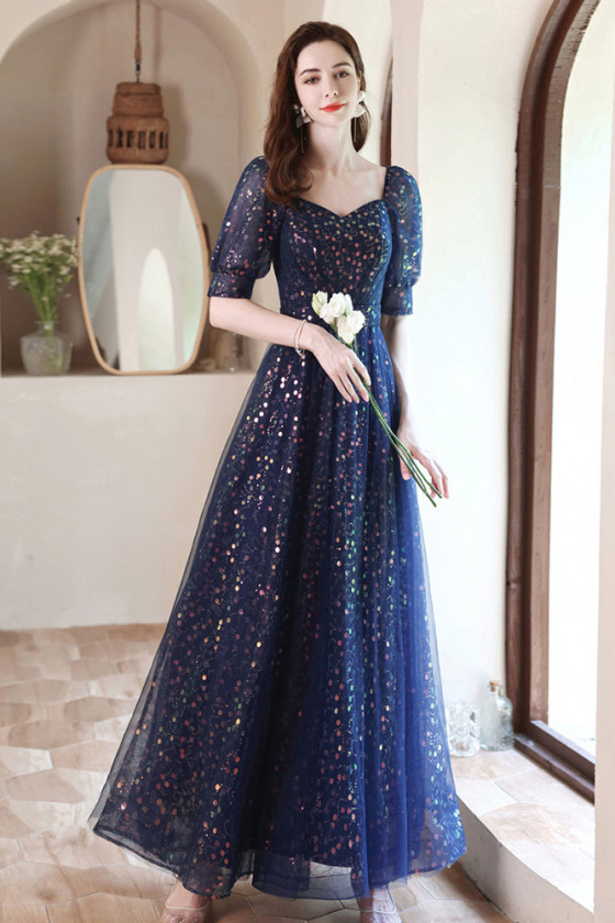 All Sequin Dark Blue Tulle Aline Prom Dress with Bling Bubble Sleeves