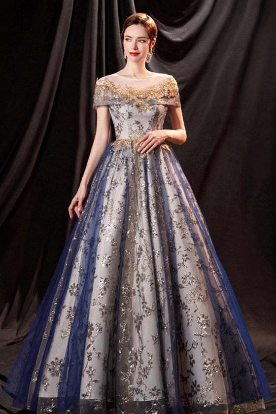 Modest Blue with Gold Sequin Lace Tulle Aline Prom Dress Bling-bling