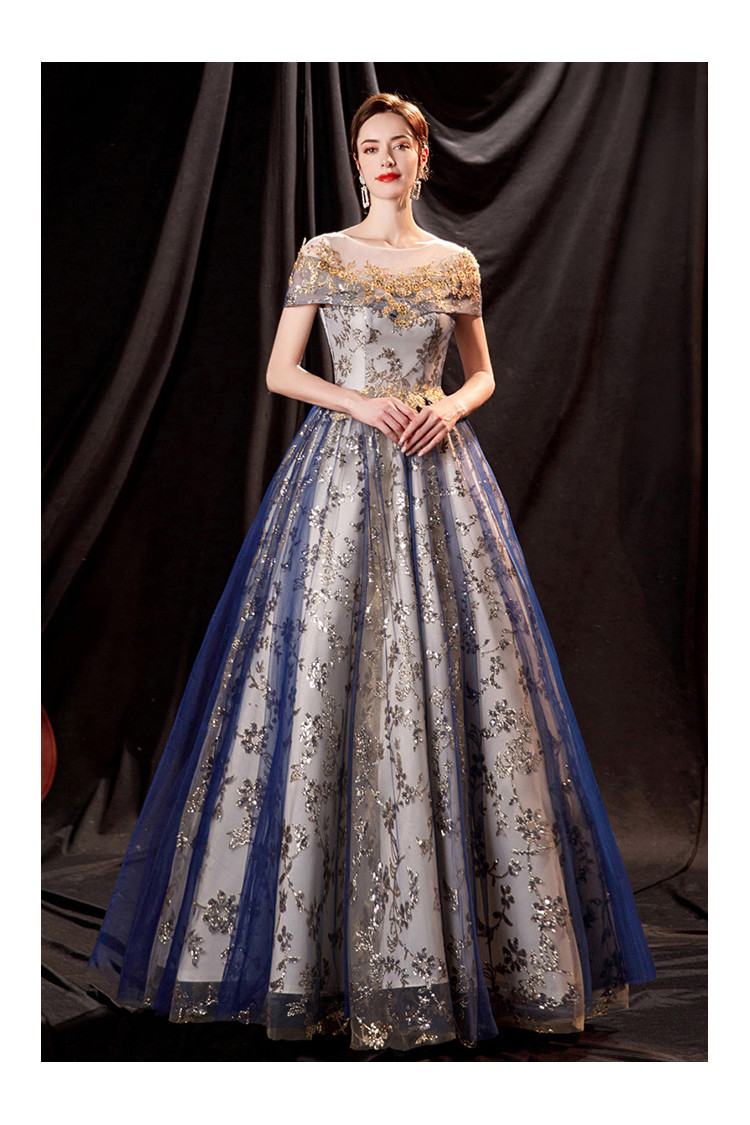 Modest Blue with Gold Sequin Lace Tulle Aline Prom Dress Bling-bling ...