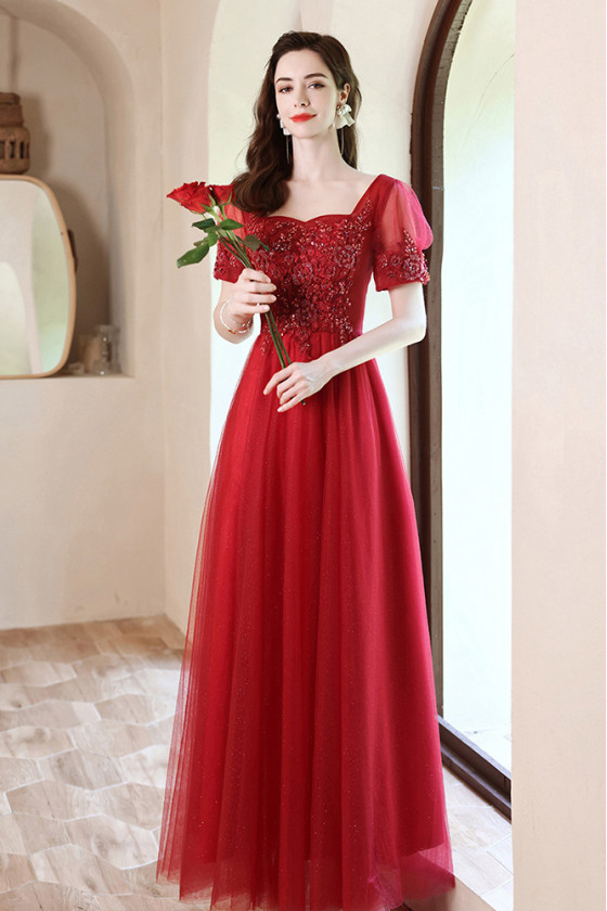 Simple Square Neck Aline Long Prom Dress Red with Beading Applique Top
