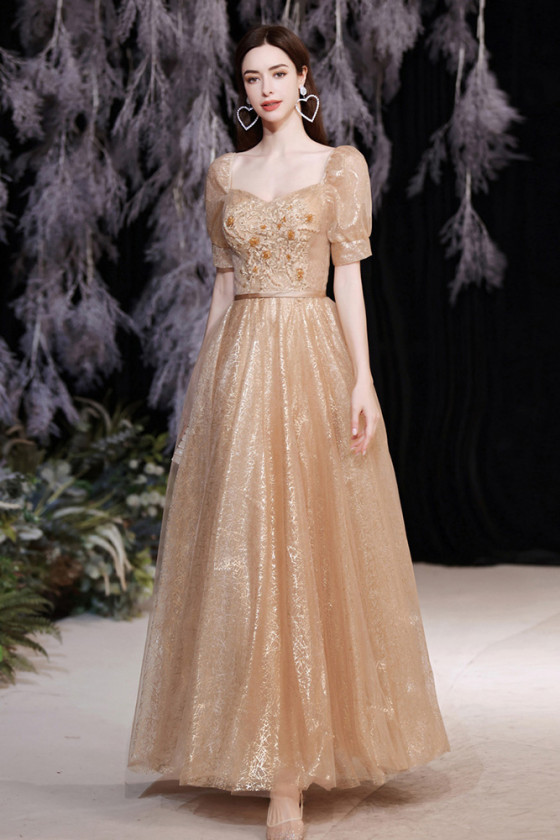 Square Neckline Luxe Bling Gold Prom Dress with Bubble Sleeves