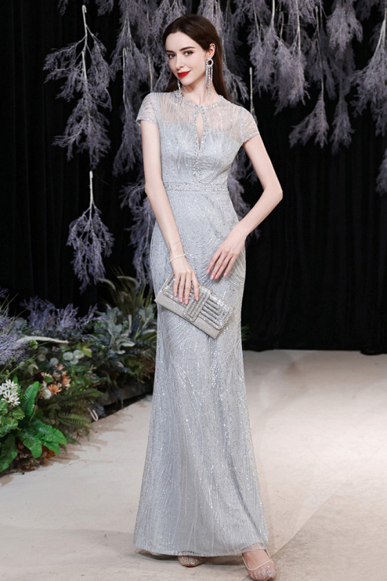 All Sequin Mermaid Slim Long Silver Evening Dress with Cap Sleeves ...