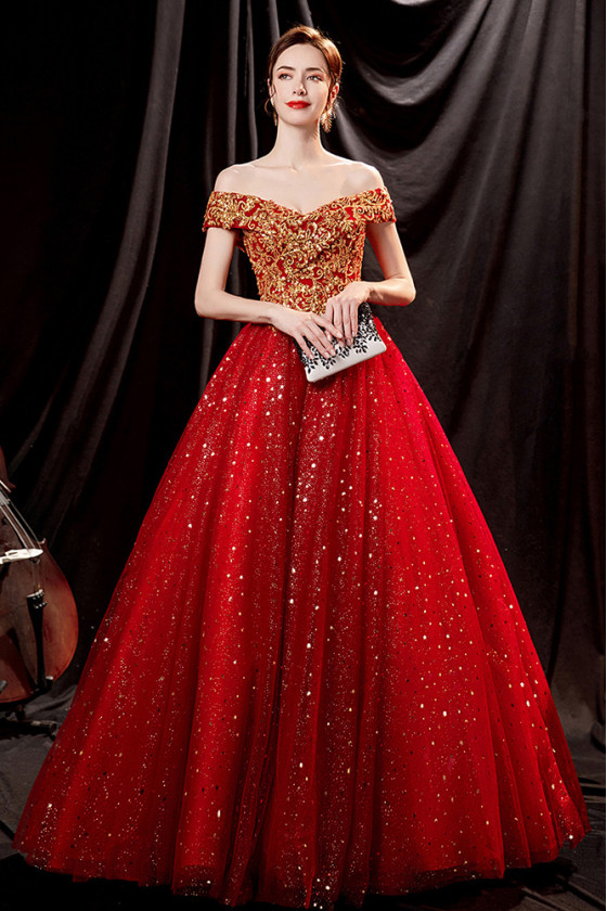 Off Shoulder Shiny Tulle Burgundy Ball Gown Prom Dress with Gold Embroidery