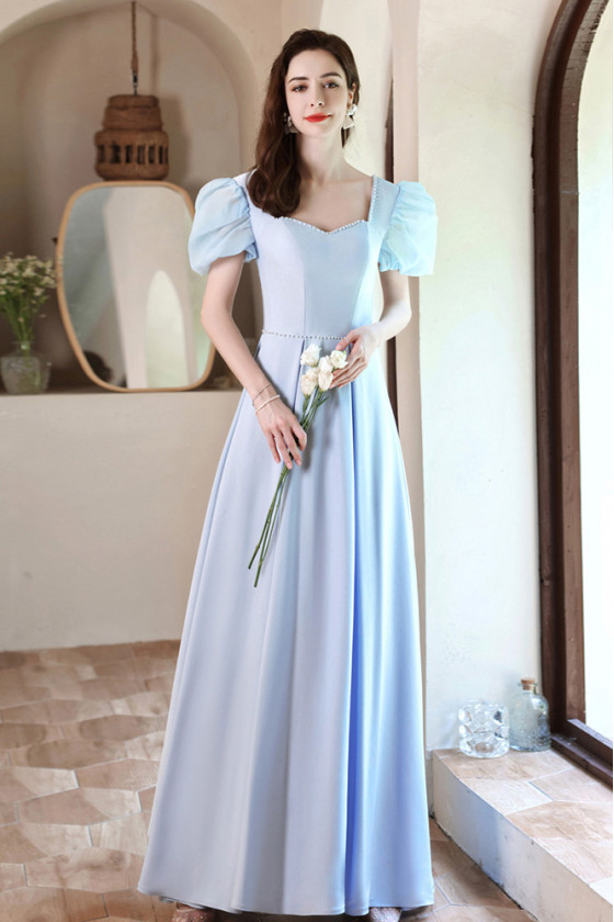 Simple Satin Long Sky Blue Beaded Neck Evening Prom Dress with Bubble Sleeves
