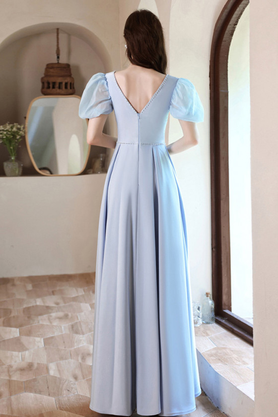 Pearls Embellished Sky Blue Satin Puffy Prom Dress - Xdressy