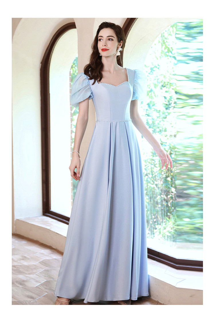 Simple Satin Long Sky Blue Beaded Neck Evening Prom Dress with Bubble ...