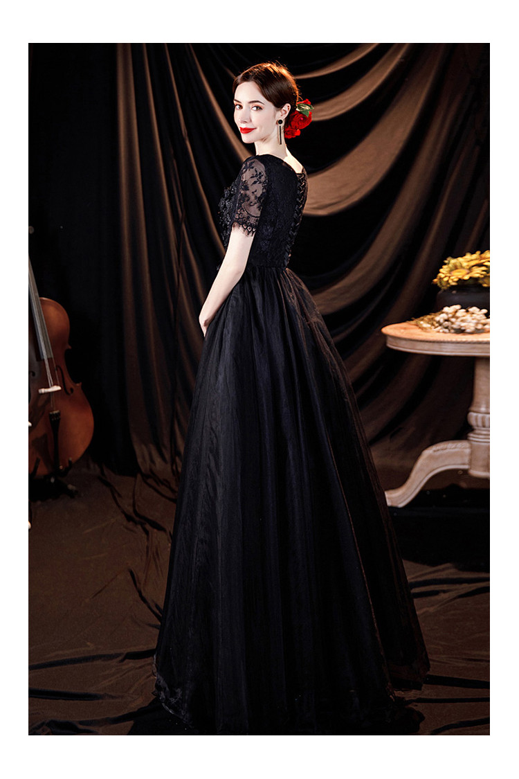 Black Lace Vneck Modest Long Prom Dress with Sheer Sleeves - $155.988 # ...