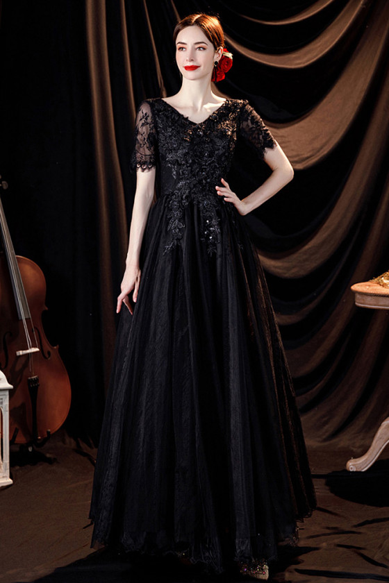 Black Lace Vneck Modest Long Prom Dress with Sheer Sleeves