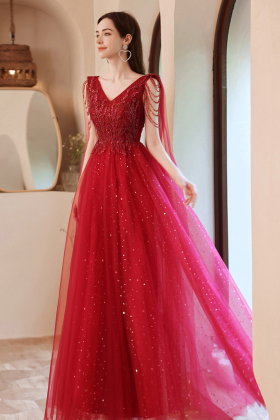 Fancy Long Sleeves Vneck Aline Tulle Prom Dress with Beading