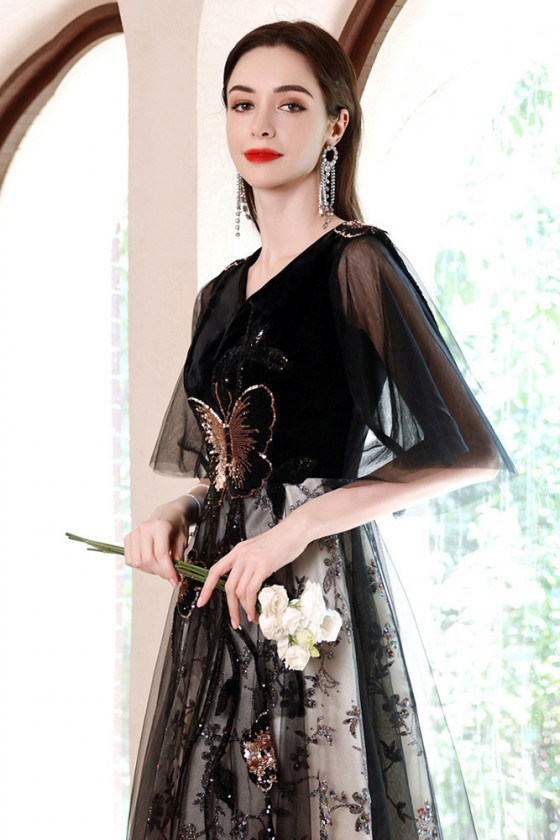black and gold butterfly prom dress Black Chiffon with Gold Beaded Sweep Train Mermaid Prom Dresses APD2991 main image 0