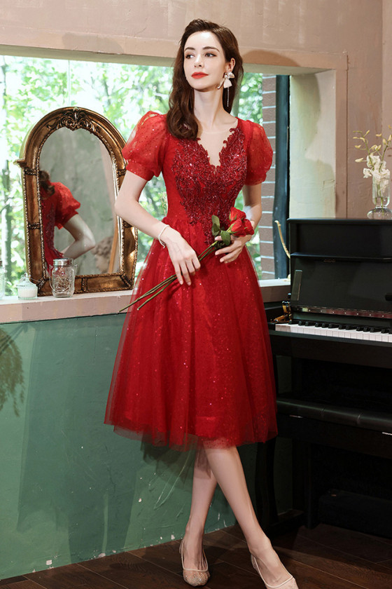 Sequin Dots Tulle Knee Length Hoco Party Prom Dress with Beading Top