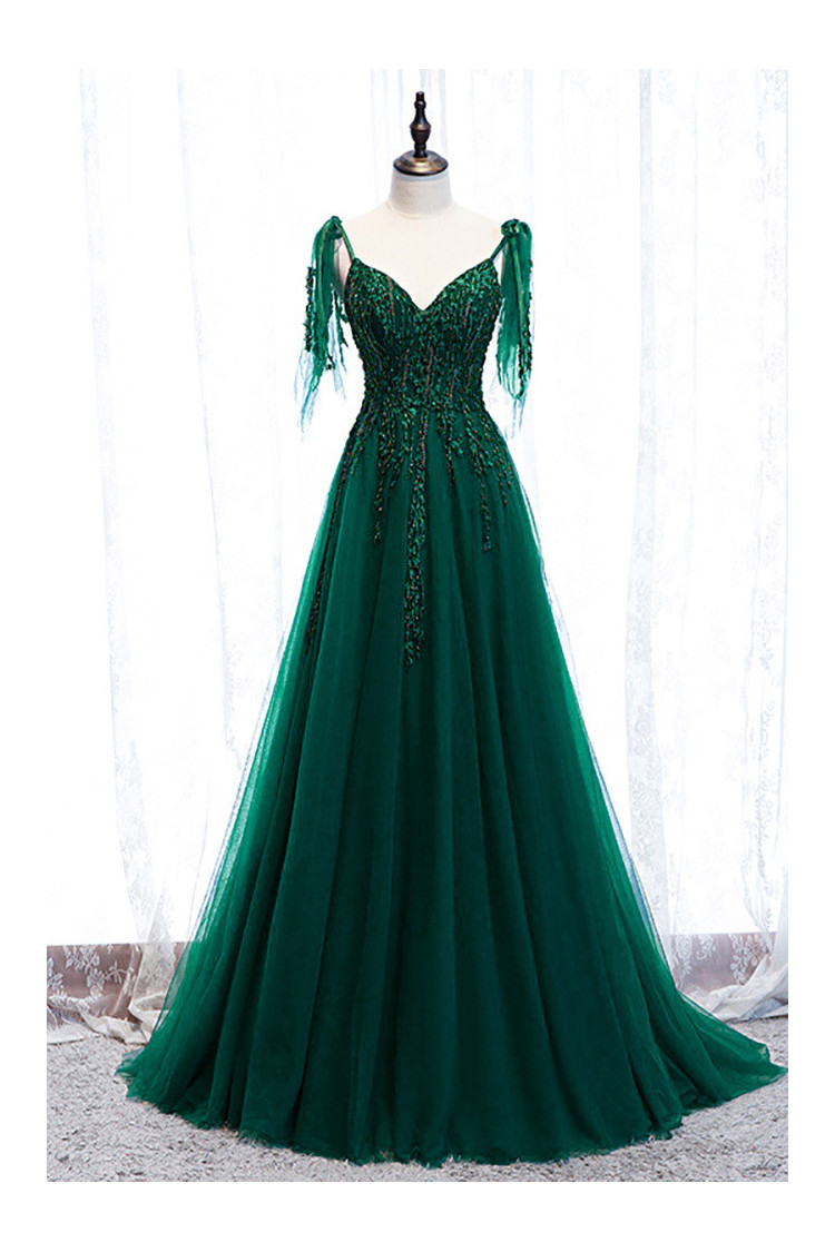 Green Flowy Formal Long Tulle Prom Dress with Appliques Straps - $117. ...