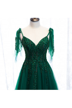 Green Flowy Formal Long Tulle Prom Dress with Appliques Straps