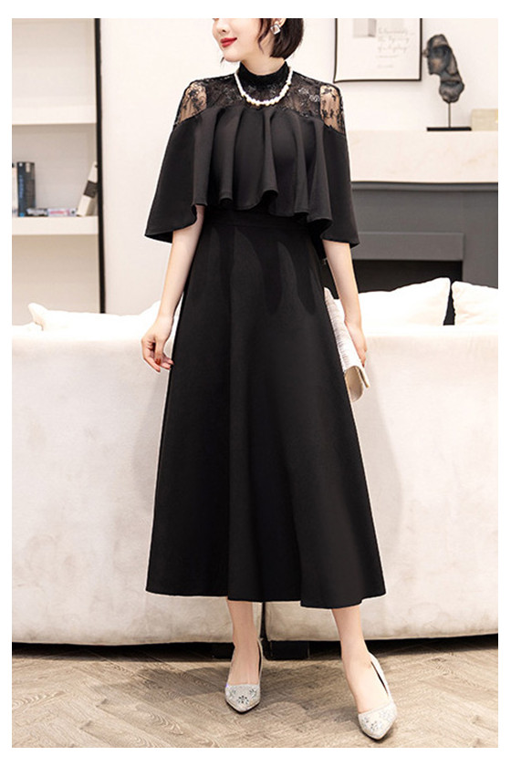 Tea Length Semi Party Dress Turtle Neck With Sleeves