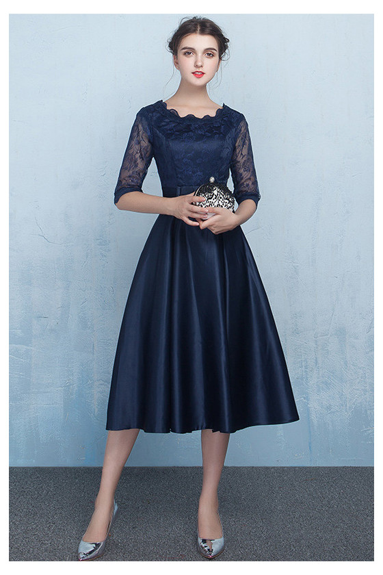 Pleated Satin Midi Homecoming Party Dress With Lace Sleeves