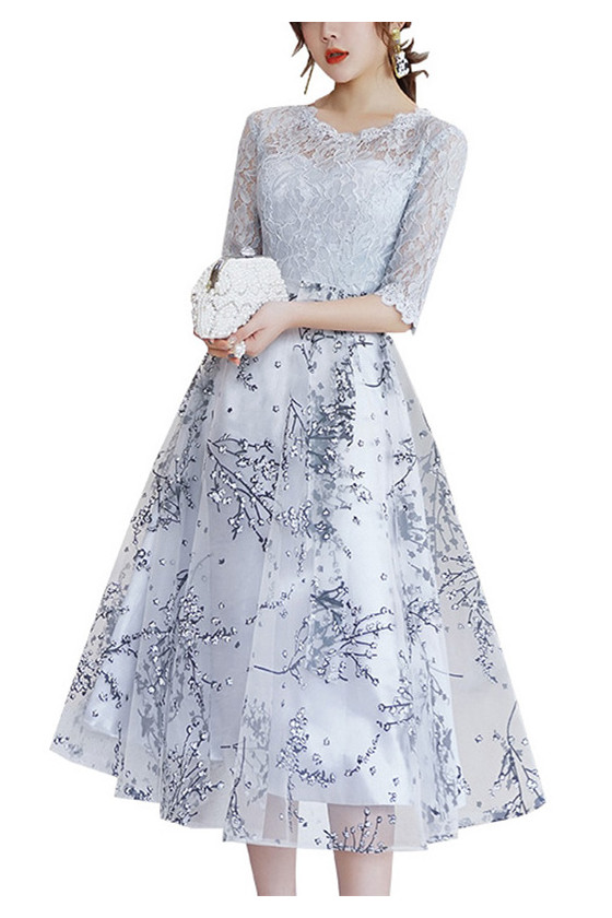 Floral Prints Wedding Party Dress With Lace Sleeves