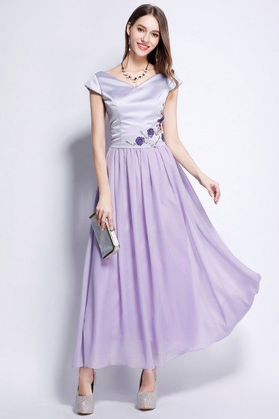 Lavender Satin And Chiffon Cap Sleeve Long Dress - $99 #CK6163 ...