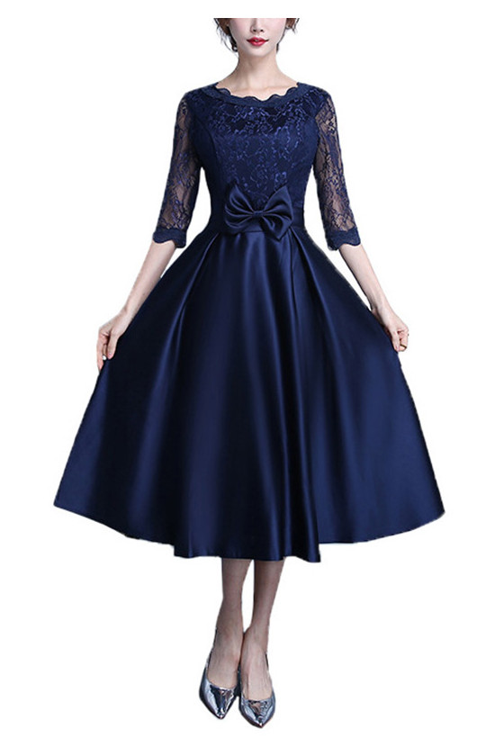 Navy Blue Midi Wedding Party Dress With Lace Sleeves