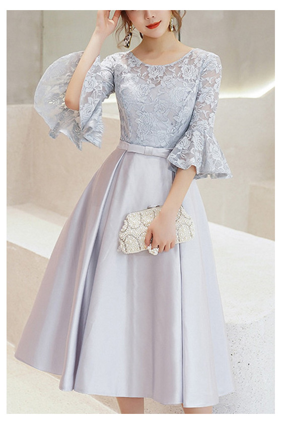 Elegant Tea Length Semi Party Dress With Lace Sleeves