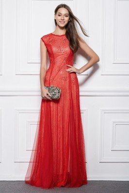 Red Lace Tulle Beaded Long Formal Gown