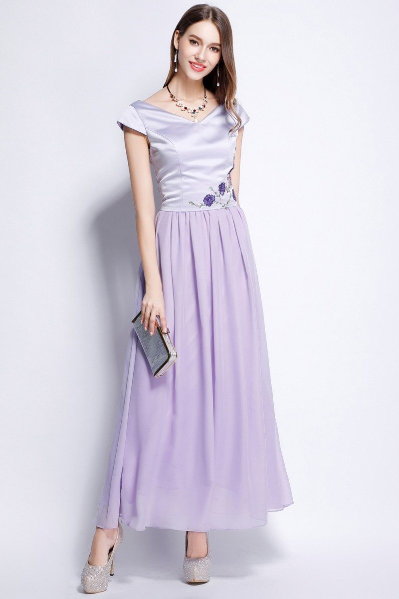 Lavender Satin And Chiffon Cap Sleeve Long Dress - $99 #CK6163 ...