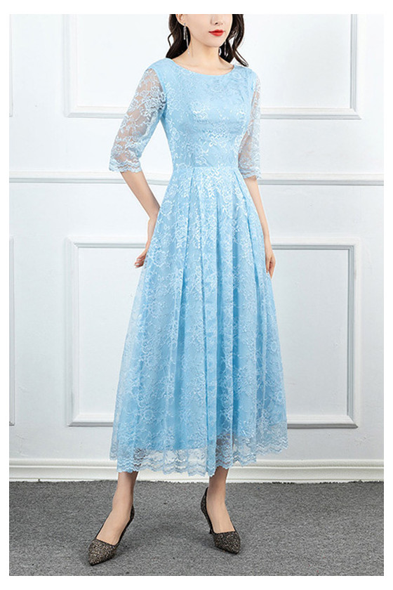 Slim Aline Lace Midi Semi Party Dress With Sleeves