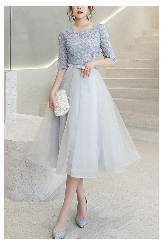 Grey Tulle Tea Length Homecoming Party Dress With Half Sleeves
