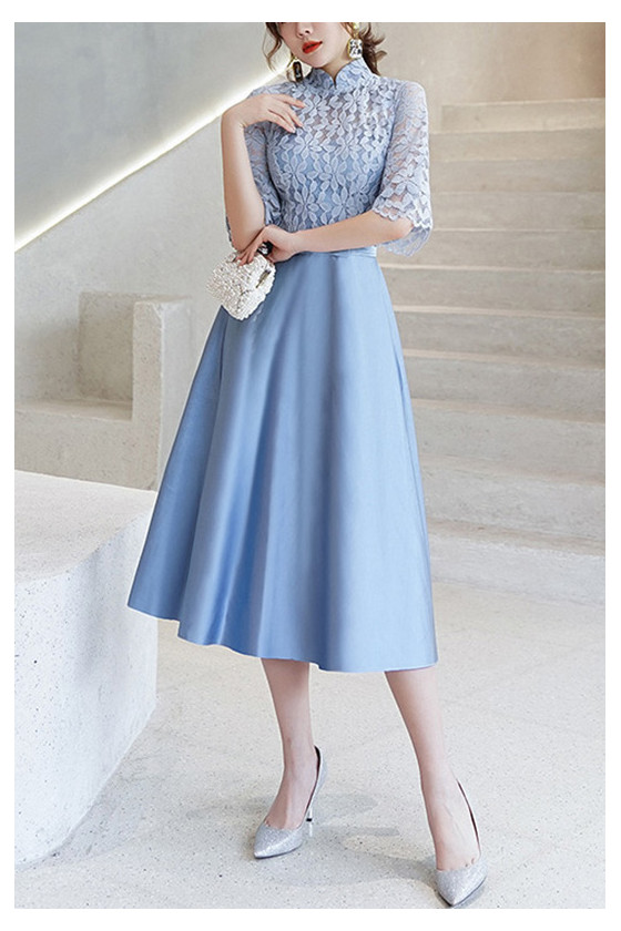 Blue Aline Satin Lace Party Dress With Loose Sleeves