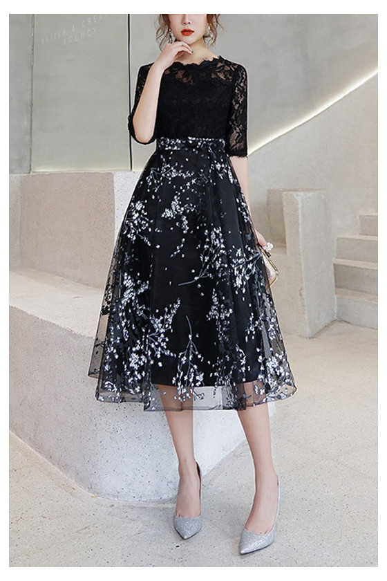 Black Lace Tea Length Homecoming Dress With Floral Prints