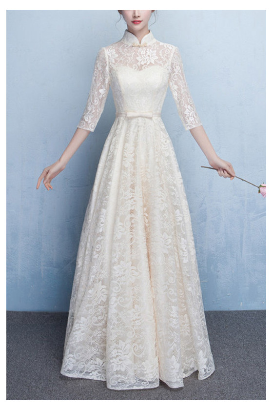 Champagne Lace Aline Wedding Party Dress With Sleeves - $68.4792 #S1424 ...