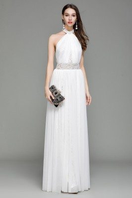 White Lace Long Halter Backless Evening Dress