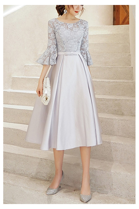 Elegant Grey Tea Length Party Dress With Lace Sleeves