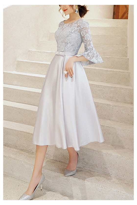 Elegant Grey Tea Length Party Dress With Lace Sleeves 57.4776 S1426