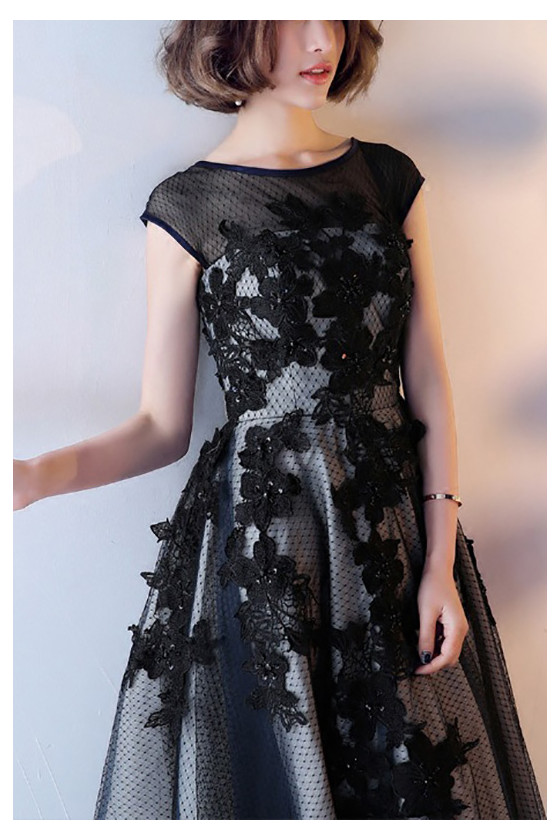 Vintage Tea Length Black Homecoming Dress With Lace Cap Sleeves - $81.4824  #S1427 - SheProm.com