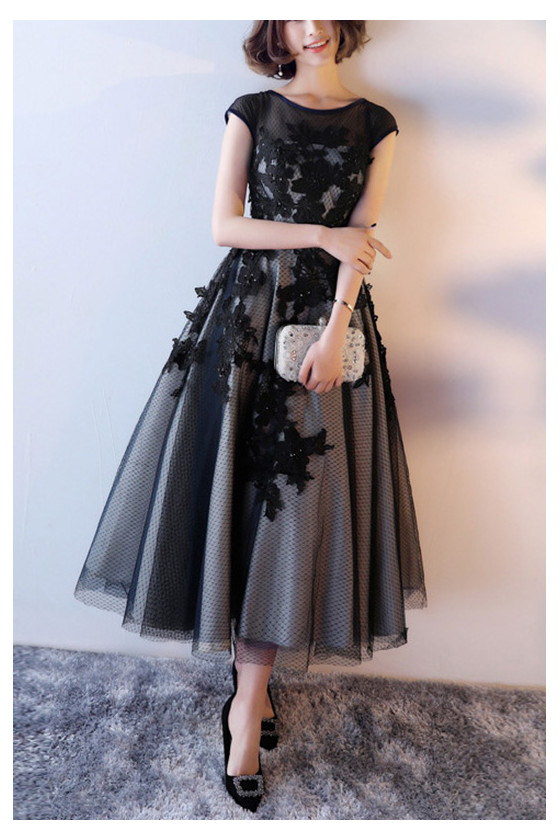 Vintage Tea Length Black Homecoming Dress With Lace Cap Sleeves