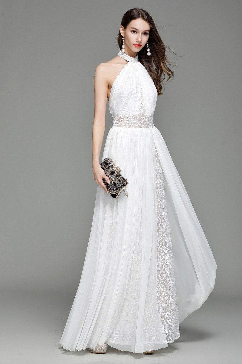 White Lace Long Halter Backless Evening Dress - $117 #CK7152 - SheProm.com
