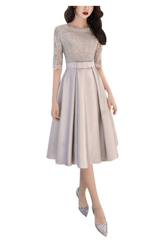 Grey Tea Length Hoco Party Dress With Lace Half Sleeves
