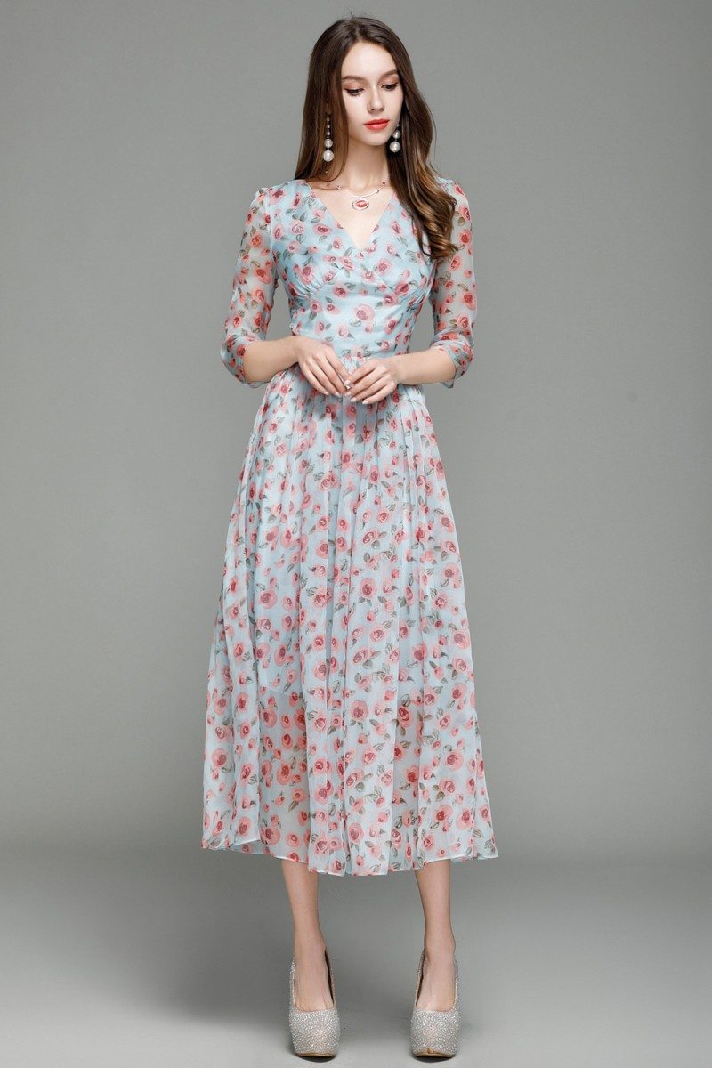 Vintage Floral Print Midi Dress With Sleeves - $65 #CK7153 - SheProm.com