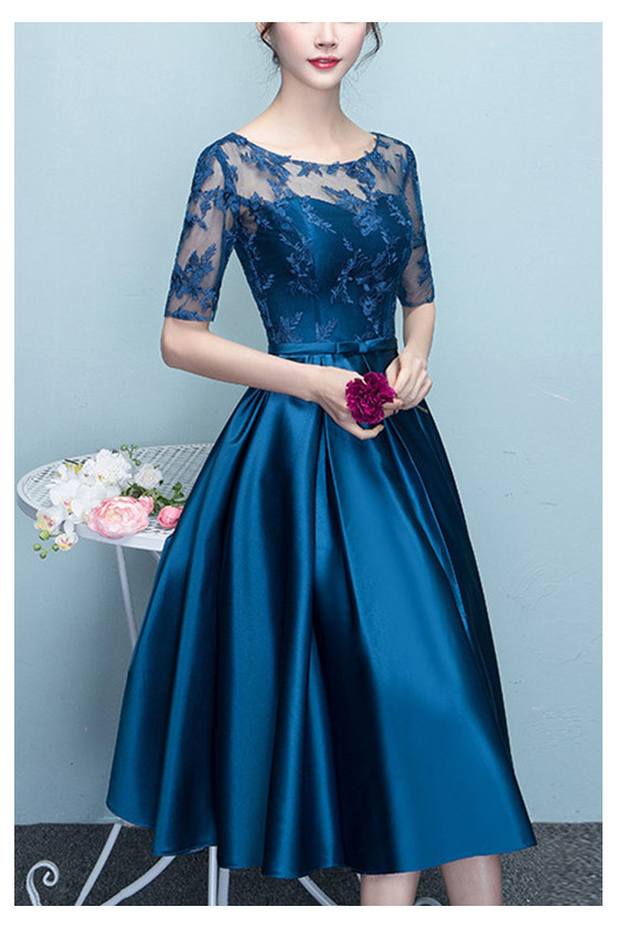 Pleated Blue Tea Length Aline Party Dress With Illusion Sleeves - $65. ...